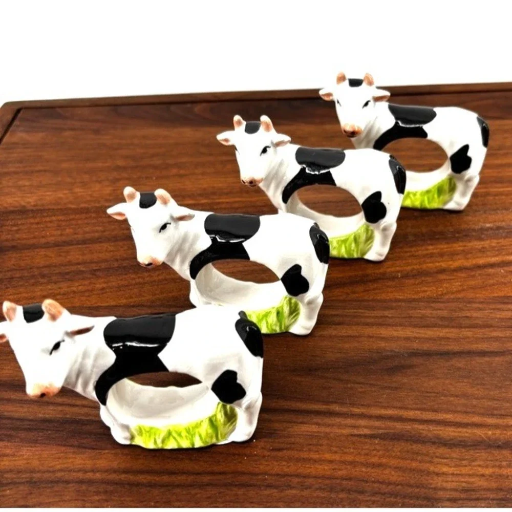 Ceramic Cow Napkin Rings Set of 4 Black & White Farmhouse Country Table Decor